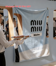 Miu Miu Event Pop Up Print Flannel Throw Blanket Soft Light Blue Wall with Black Logo and Red Pastry Tray IMG_0427